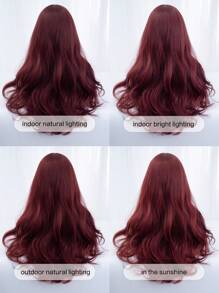 1-Piece Synthetic Heat Resistant Long Curly Wavy Hair With Bangs Wig  Red 24 Inch Fully Machine Woven Daily Natural Realistic Wig - Burgundy - View 9