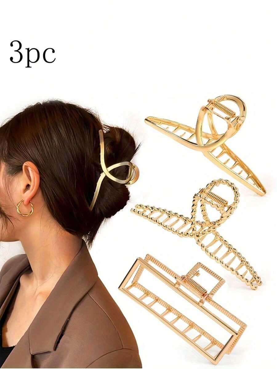 3入組2024新款復古風格合金大不規則髮卡,適用於女性日常使用 - 金色 - 查看 1