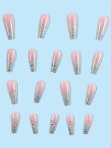 24pcs Coffin Shaped Long False Nails With Glitter Sequin, Full Cover, Pink, Great For Parties, Dancing, Daily Wear Press On Nails Nail Supplies - Coral Pink - View 3