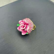 2pcs/Set Women's Decorative Handmade Soft Pottery Flower Bracelet And Ring Set With Green Crystal & Czech Diamond, Vintage Bronze Inlay, Fashionable &