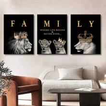 3 件现代抽象狮子家族励志名言墙面艺术帆布画，适用于客厅装饰画，可选画框 - 彩色 - 查看 2