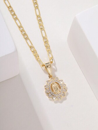 1 件时尚简约闪亮铜镶嵌方晶锆石向日葵和圣母玛利亚吊坠项链，适合送礼、情侣/朋友/闺蜜礼物、日常佩戴或在节日祈祷情人节、妈妈、母亲、母亲节、礼物