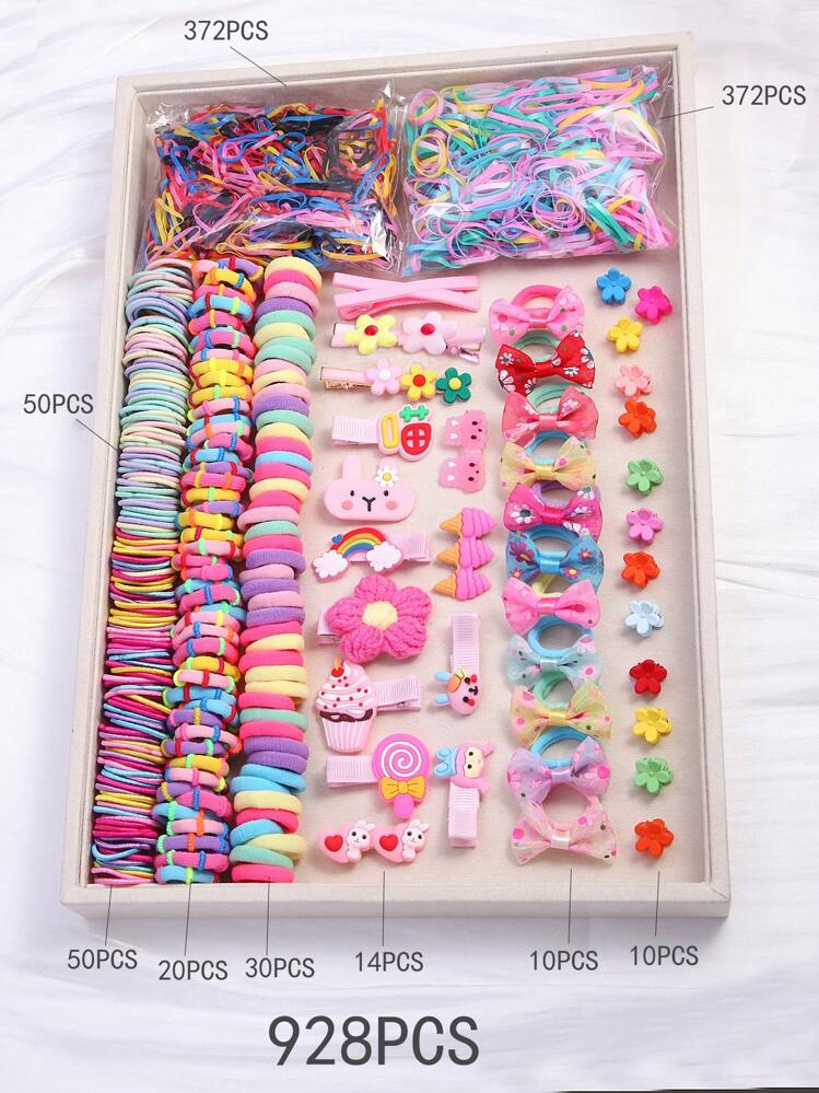 928PCS Pink Rabbit Mixed Hair Ties And Hair Clips Set Packaged In