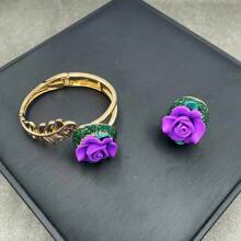 2pcs/Set Women's Decorative Handmade Soft Pottery Flower Bracelet And Ring Set With Green Crystal & Czech Diamond, Vintage Bronze Inlay, Fashionable &