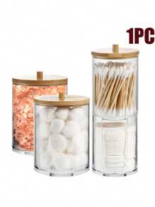 1入組有竹蓋的化妝棉盒，臉巾收納盒，棉花棒收納盒，首飾收納盒，口紅收納盒，堆疊式圓杯收納盒，透明容器，適用於存儲化妝棉，耳環，護墊，海綿蛋，口紅，用於浴室/洗手間/梳妝/化妝存儲/牙線選擇-木質蓋子移除罐 - 透明 - 查看 4