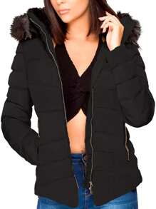 Shendy Vendy Women's Jacket Warm Polyester With Fur-Like Collar - Black - View 2