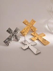 Uworld 1 件 18k 鍍金不鏽鋼螺紋液態質感折疊十字琥珀雙層項鍊