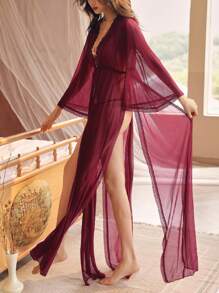 Women's Sexy Lingerie Transparent Mesh Lace Long Robe Bathrobe - Burgundy - View 5