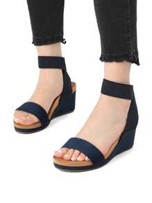 Women's Black Slip On Open Toe Elastic Ankle Strap Platform Comfortable Commuting  Wedge Sandals - Navy Blue - View 7