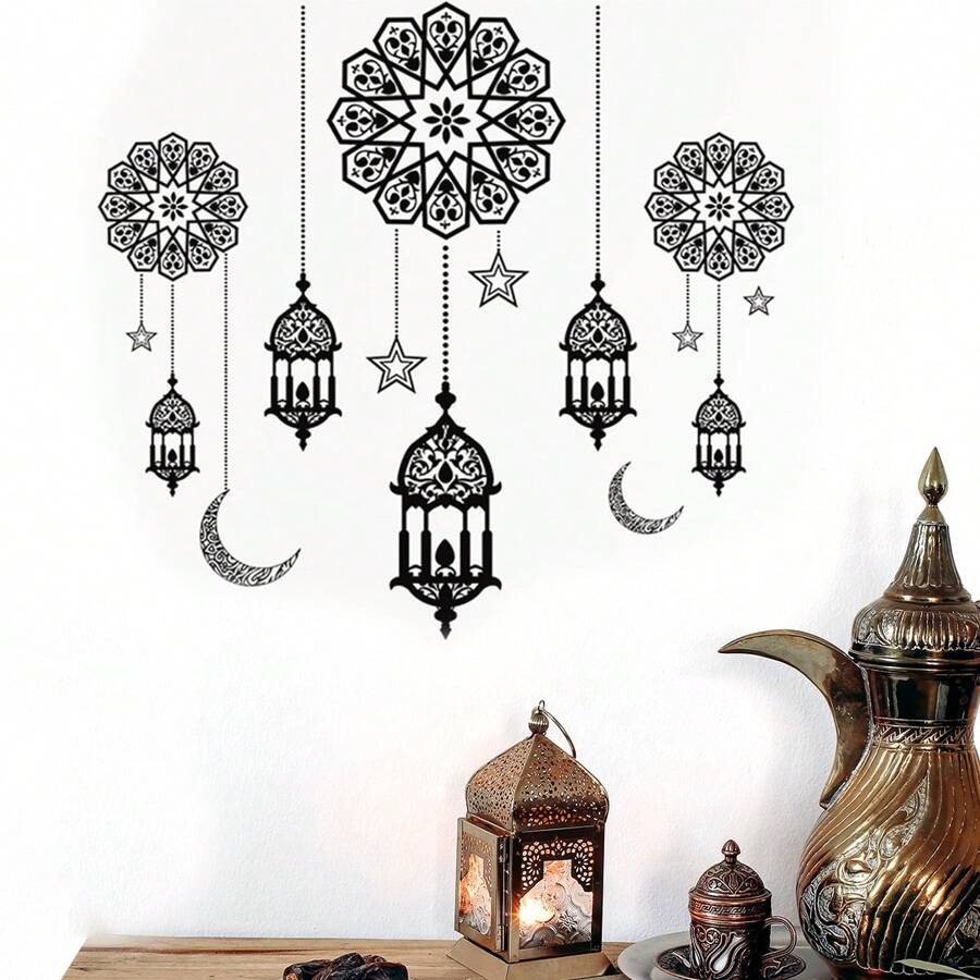 1pc Moon & Star Theme Pvc Wall Sticker, Festival Home Living Room Bedroom Background Self-Adhesive Decorative Paper - Black - View 1