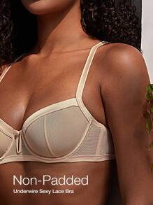 Lace Underwire Balconette Bra Sheer Unlined Demi Non Padded Bra See Through - Champagne - View 3