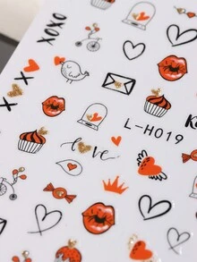 2 件 3D 心形猫指甲贴纸可爱兔子熊情侣字母玫瑰指甲贴花情人节饰品美甲装饰 - 彩色 - 查看 5