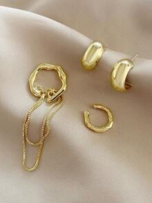 1 套时尚复古不对称链条设计合金女士耳环套装 - 金色 - 查看 2
