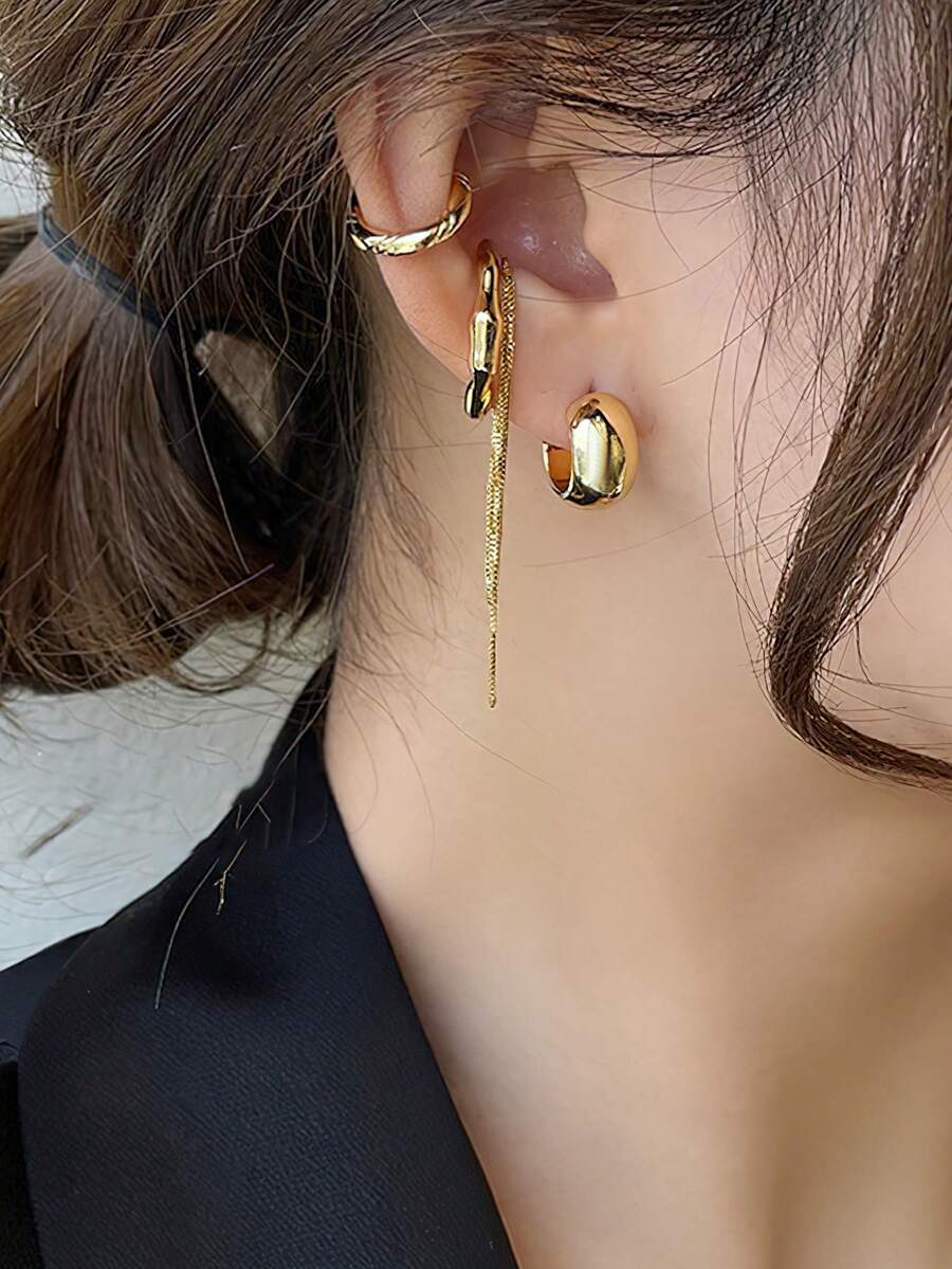 1 套时尚复古不对称链条设计合金女士耳环套装 - 金色 - 查看 1