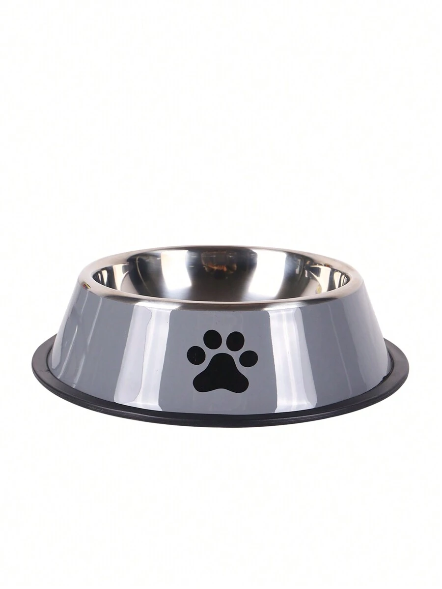 1pc Pet Bowl With Stainless Steel Paw Print Design, Large Capacity For Feeding Water Or Food To Dogs And Other Pets, Suitable For Medium And - Dark Grey - View 1