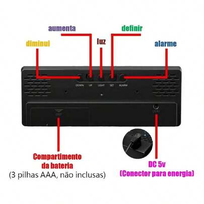 Relógio Led Clock Digital Com Usb 5,7x16x2,5Cm De Plástico De Cabeceira Para Mesa Despertador Com Brilho Alto Ou Baixo