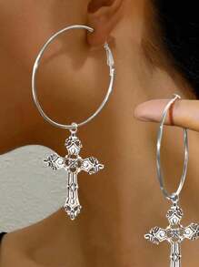 Vintage Gothic Style Cross Shaped Hoop Earrings - Silver - View 2