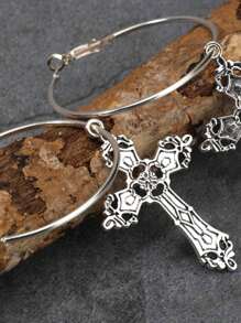 Vintage Gothic Style Cross Shaped Hoop Earrings - Silver - View 4