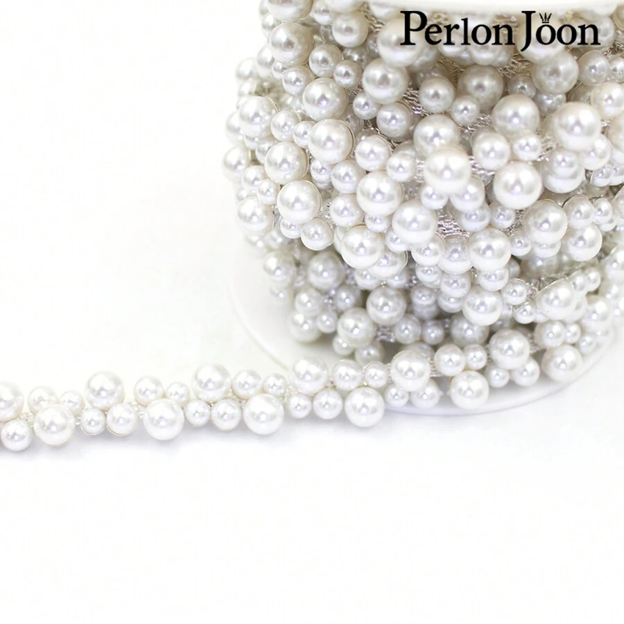 Perlon Joon 1 Yard White Pearl Trim Decorative Silver Bead Chain, DIY Bridal Wedding Ring Shoes Decor Accessories - White - View 1