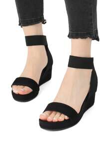Women's Black Slip On Open Toe Elastic Ankle Strap Platform Comfortable Commuting  Wedge Sandals - màu đen - Xem 7