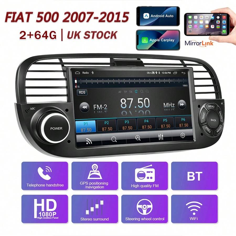 2+64G Android13, 7" HD Tempered Glass Rearview Mirror Car GPS Radio Player Black For Fiat 500 2007-2015 With Carplay Android Auto Mirror Link - Black - View 1