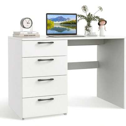 Datorbord med 4 lådor, modernt hemmakontor, arbetsbord för bärbar dator och kontorsmaterial, enkelt sminkbord för kontor i vardagsrummet i sovrummet, vit