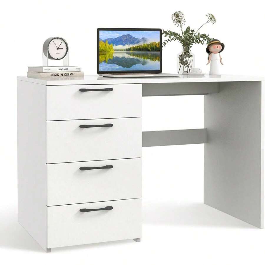 Computer Desk With 4 Drawers, Modern Home Office Desk, Work Table For Laptop & Office Supplies, Simple Dressing Table For Living Room Bedroom Office, White