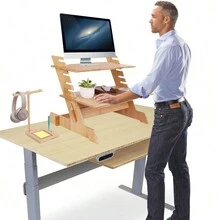 Bamboo Standing Monitor Stand Desk Convertor Riser For Monitor Adjustable Height Standup Desk Top Laptop Workstation With Phone Headset Holder - 天然竹子 - 查看 7