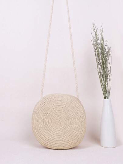 Yogodlns 手工编织圆形斜挎包，纯色沙滩包