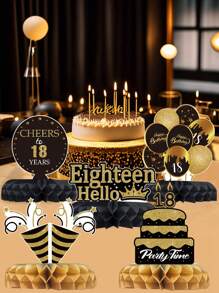 9件套黑金原创设计黑金18岁成人仪式生日蜂窝装饰，适用于18岁生日派对背景装饰、房间桌面装饰用品、圣诞节 - 18th - 查看 6
