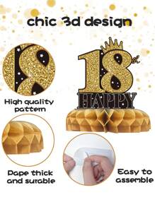 9件套黑金原创设计黑金18岁成人仪式生日蜂窝装饰，适用于18岁生日派对背景装饰、房间桌面装饰用品、圣诞节 - 18th - 查看 7