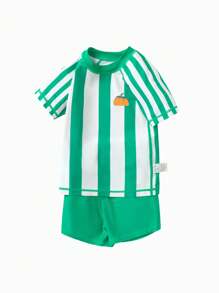 Balabala Boys' Classic Striped Swimsuit, Comfortable Short Sleeve & Shorts 2 Pieces Swimwear, Green - Green - View 2