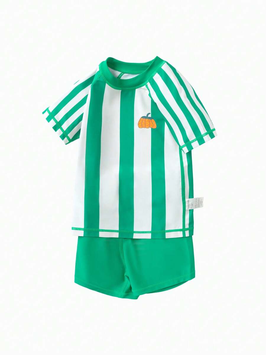 Balabala Boys' Classic Striped Swimsuit, Comfortable Short Sleeve & Shorts 2 Pieces Swimwear, Green