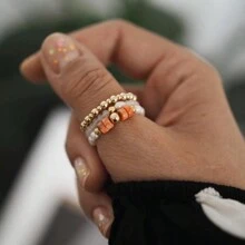 Juego de 3 anillos de mujer con piedras naturales y perlas falsas, de acero inoxidable minimalista de alta gama, apropiado para uso diario, vacaciones, boda y fiesta