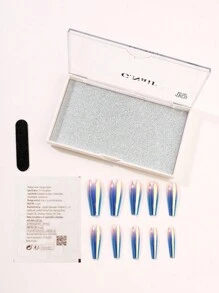 10入組中長形玻璃棺形漸層藍色指甲,含1片摩擦條,1片果凍凝膠,2024年冬季女士假指甲 - 藍色 - 查看 2