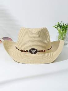 1個牛頭裝飾無性別牛仔帽博霍牛仔帽遮陽帽草帽戶外穿著 - 多色2 - 查看 5