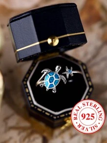 純銀 S925 藍色澳洲蛋白石海龜海星開口戒指女式,適合節日和派對佩戴