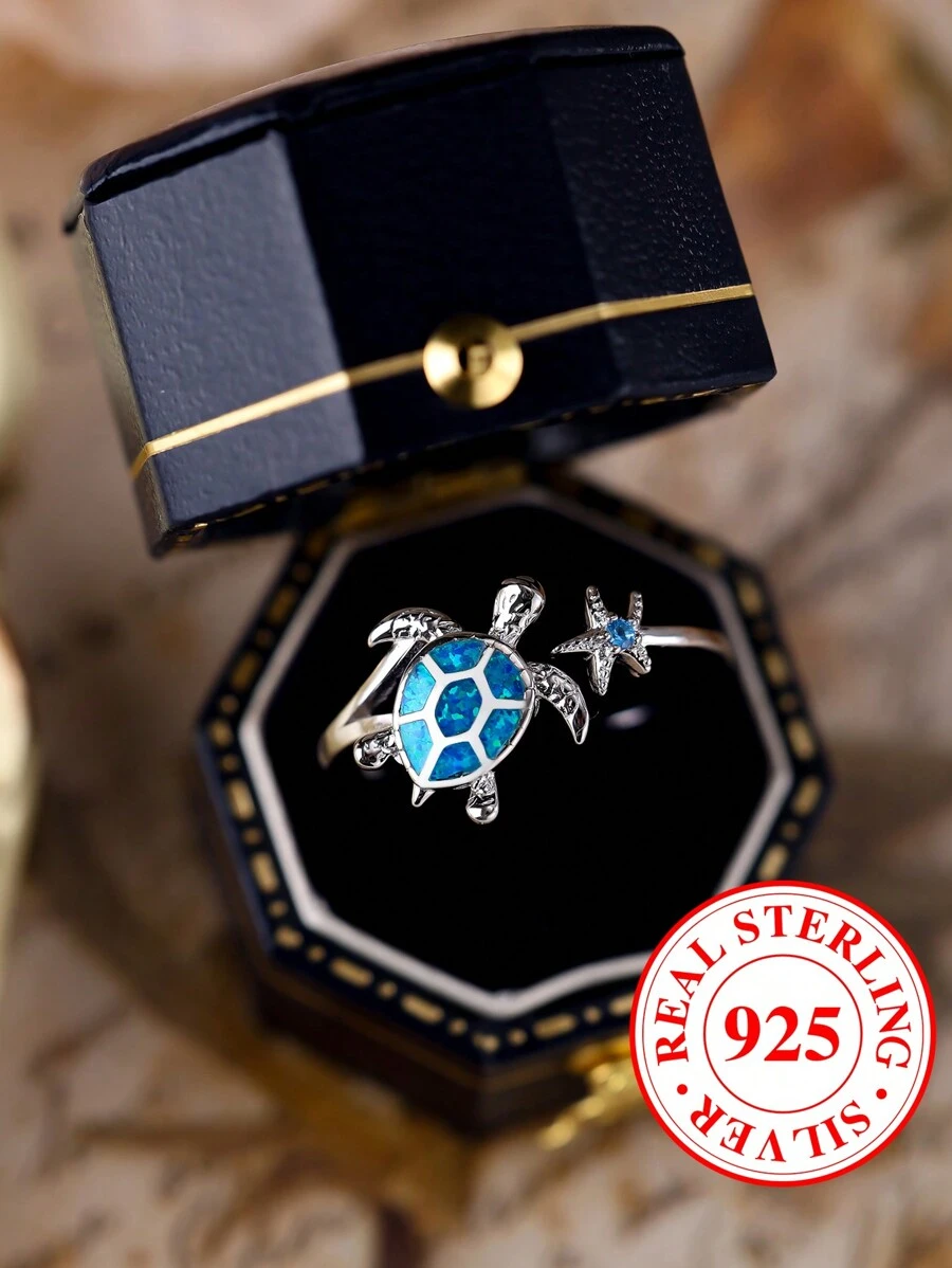 純銀 S925 藍色澳洲蛋白石海龜海星開口戒指女式,適合節日和派對佩戴