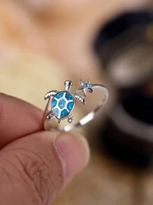 純銀 S925 藍色澳洲蛋白石海龜海星開口戒指女式,適合節日和派對佩戴