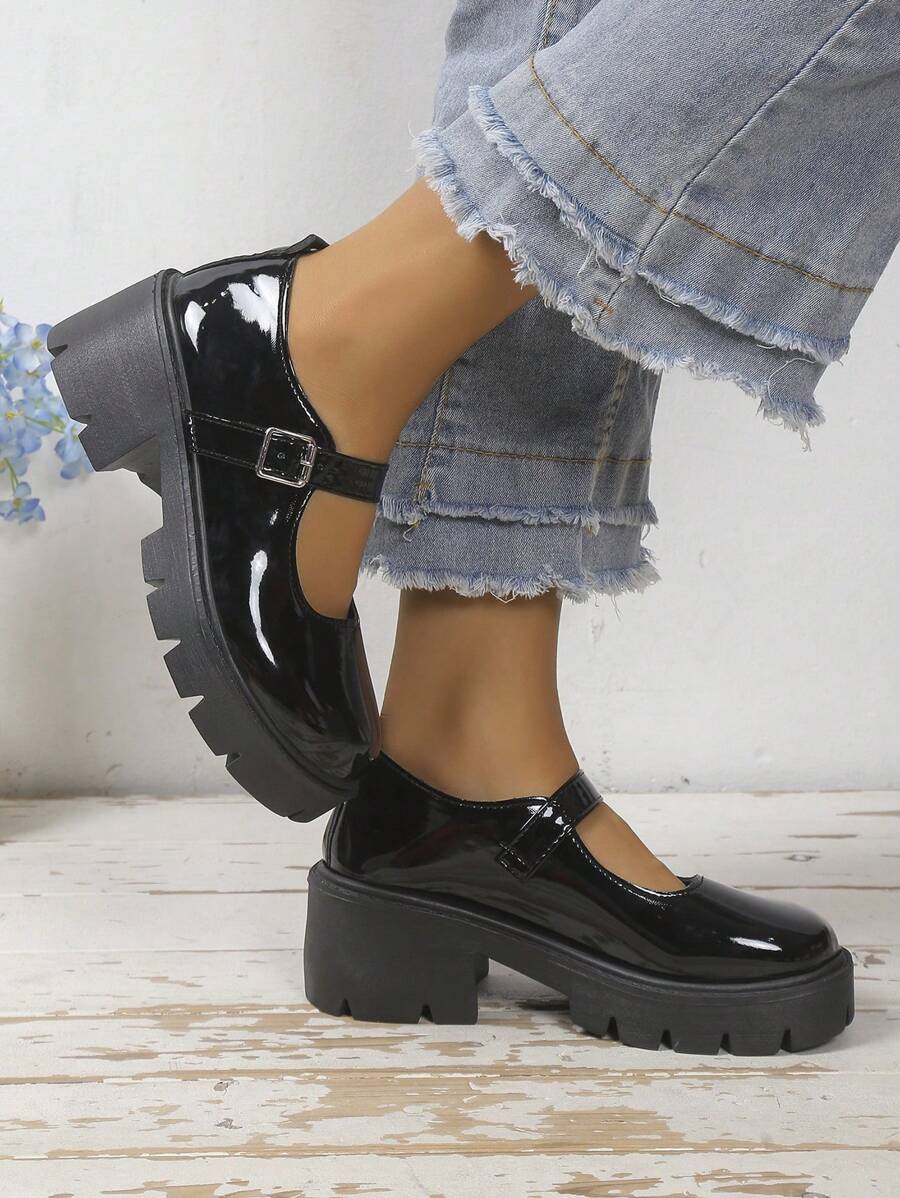 Mary Jane女式夏季薄款鞋，厚底，法式高跟鞋，日式JK風鞋，適合搭配裙子 - 黑色亮光 - 查看 1