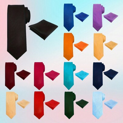 2 Pezzi/set Cravatta Uomo Classica In Seta Di Colore Solido Da 3,15 Pollici (8 Cm) E Fazzoletto Da Taschino Quadrato, Ideale Per Regali E Occasioni Come Feste Serali, Matrimoni, Stand Fotografici, Ecc.