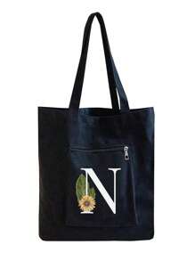 1个字母花卉图案手提包，女士休闲帆布手提包，适合度假、海滩和日常生活，是送给女性、妈妈、老师、朋友、伴娘的绝佳礼物，大容量，适合学生、返校季使用，便携休闲收纳手提包，多功能购物袋，全新设计，大容量，购物的理想之选 - 黑色 - 查看 13