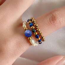 Juego de 3 anillos de mujer con piedras naturales y perlas falsas, de acero inoxidable minimalista de alta gama, apropiado para uso diario, vacaciones, boda y fiesta