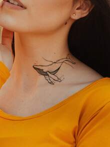 1張黑色可愛鯨魚圖案臨時紋身貼紙,可貼於手臂、胸部、腹部、背部 - 黑色 - 查看 4