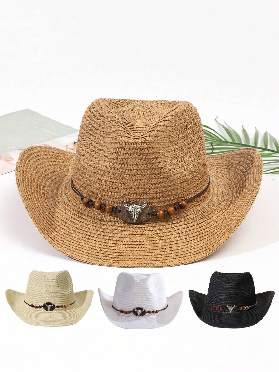 1個牛頭裝飾無性別牛仔帽博霍牛仔帽遮陽帽草帽戶外穿著 - 多色2 - 查看 1