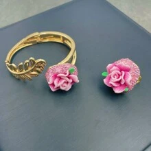 2pcs/Set Women's Decorative Handmade Soft Pottery Flower Bracelet And Ring Set With Green Crystal & Czech Diamond, Vintage Bronze Inlay, Fashionable &