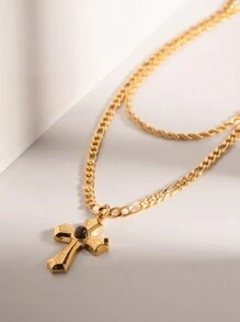 Uworld 1 件 18k 鍍金不鏽鋼螺紋液態質感折疊十字琥珀雙層項鍊