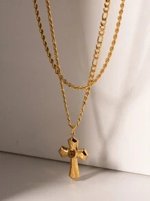 Uworld 1 件 18k 鍍金不鏽鋼螺紋液態質感折疊十字琥珀雙層項鍊