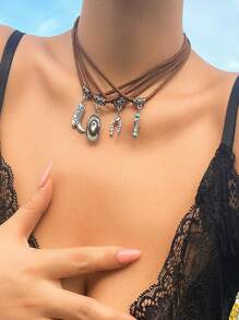 1pc Multilayer Western Cowboy Style Hat & Turquoise Pendant Necklace For Women, Vintage Flower Disk Design Necklace Jewelry Accessory
