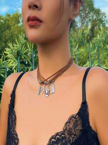 1pc Multilayer Western Cowboy Style Hat & Turquoise Pendant Necklace For Women, Vintage Flower Disk Design Necklace Jewelry Accessory